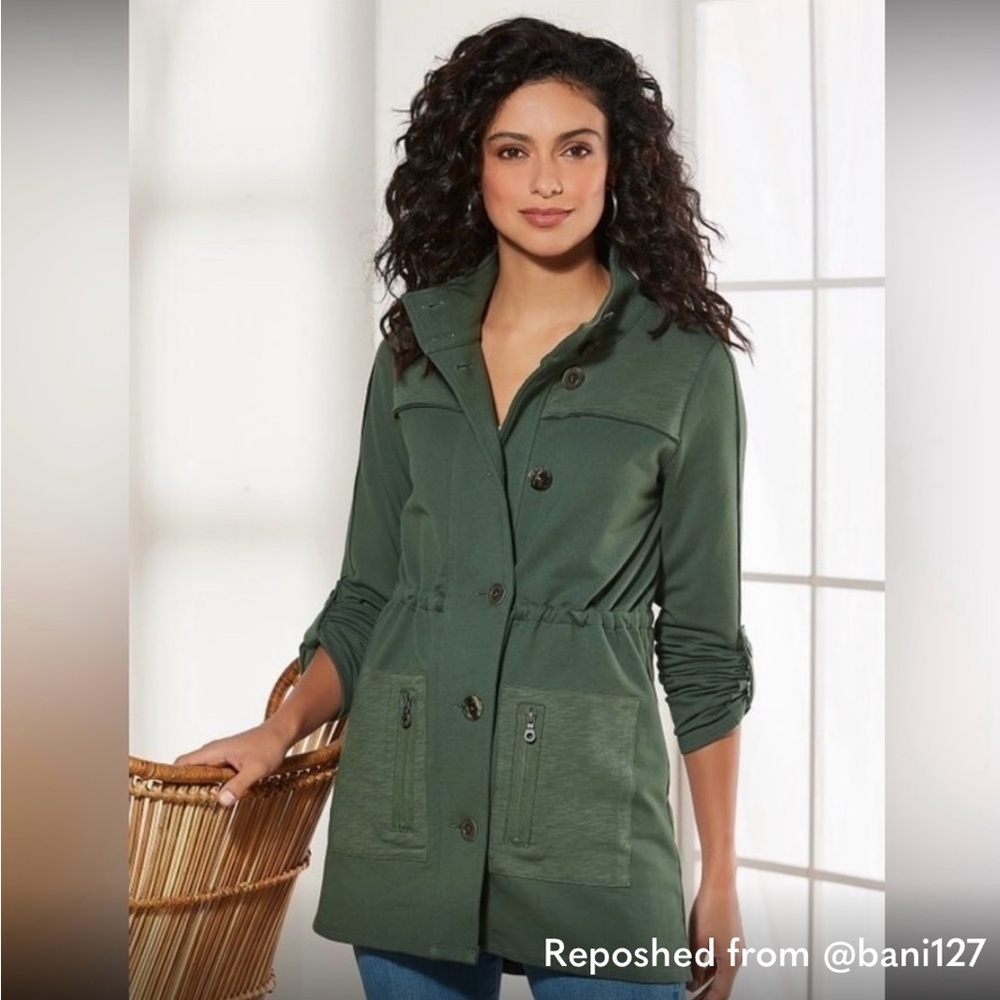 Soft Surroundings Olive Green Soft Knit Thick Jersey Field Jacket L